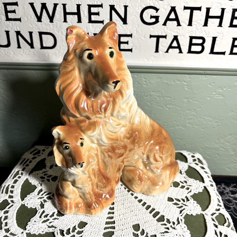 Vintage Collie Dog and Pup Figurine – Japan Style Ceramic – 7” Tall